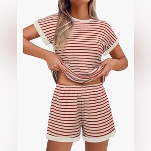 NWT Ekouaer Stripe Knit Top and Shorts Lounge Set